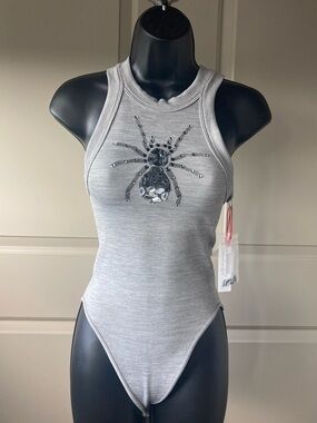 Gray Ribbed Tank Bodysuit with Beaded Spider Motif